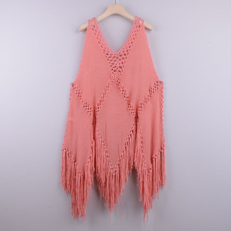 Sexy Hand Crocheting Patchwork Top Loose-Fitting Tassel Vacation Beach Cover-up Sun Protection Clothing