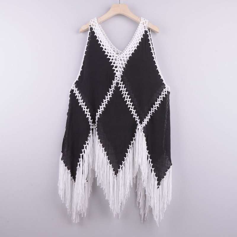 Sexy Hand Crocheting Patchwork Top Loose-Fitting Tassel Vacation Beach Cover-up Sun Protection Clothing