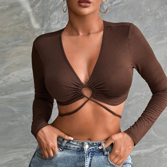 Sexy Hollow Out Cutout Slim T-shirt cropped All-Match V-neck Top for Women