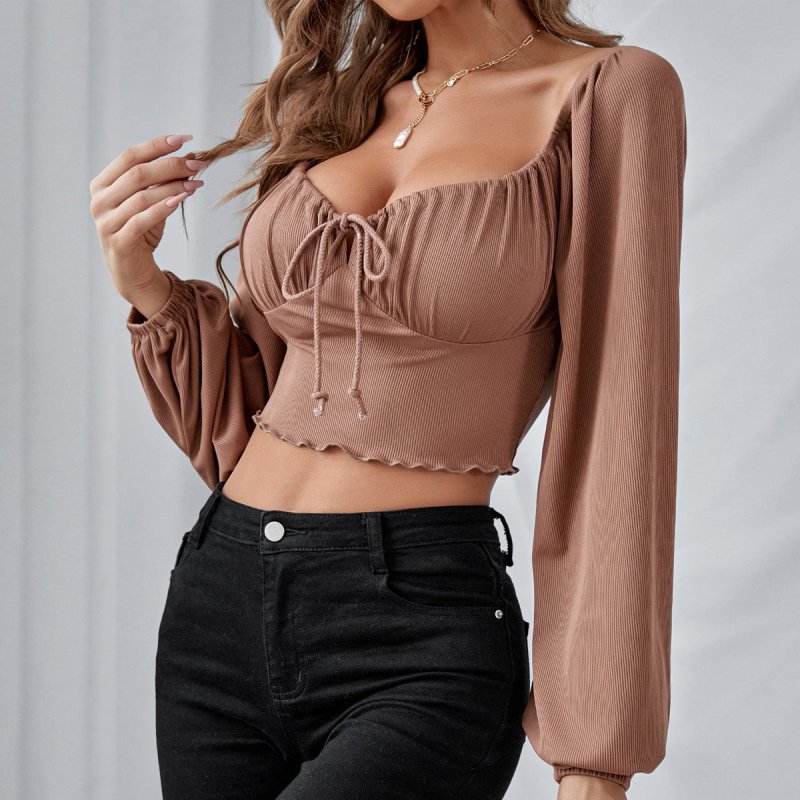 Sexy Slim-Fit Low-Cut Cropped Shirt Short Top Lantern Sleeve Drawstring Wooden Ear Knitted Long-Sleeved T-shirt