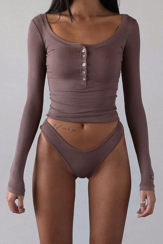 sexy Spring Scoop Solid Color Elastic Half-Open Buckle Tight Long-Sleeved T-shirt Bottoming Shirt
