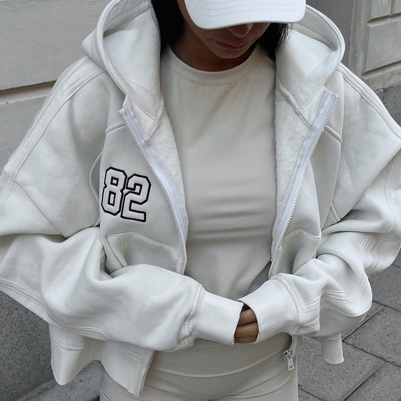 Simple Basic All Match Letters Printed Loose Hooded Long Sleeve Zipper Pocket Sweater Coat Women