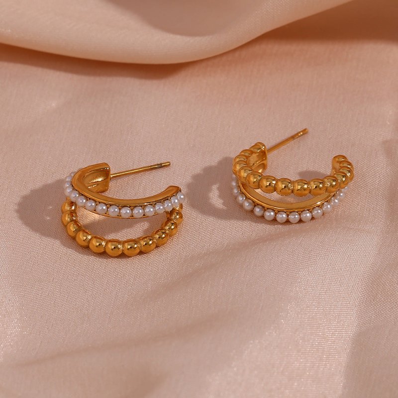 Simple Light Luxury Ear Ring Earrings Jewelry Stainless Steel Double Layer Beads Pearl C Shaped Stud Earrings for Women