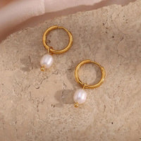 Simple Light Luxury Earrings Jewelry Stainless Steel Plated 18K Gold Freshwater Pearl Gold Ear Ring