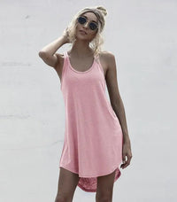 Solid Casual O-neck Sleeveless Tank Dress Women Loose Off Shoulder Asymmetrical Cotton
