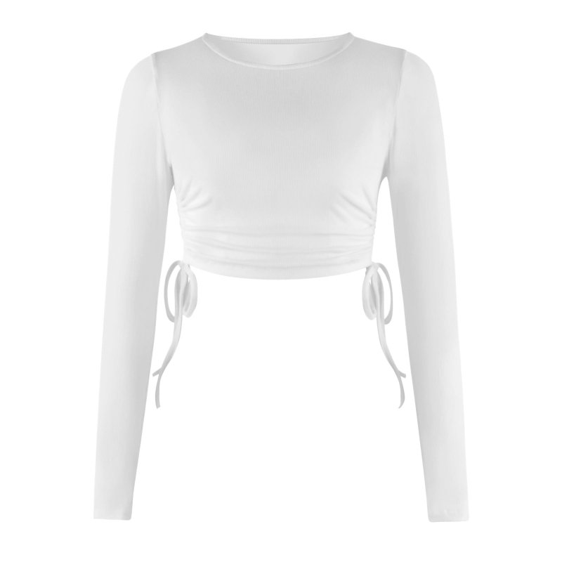 Solid Color Drawstring round Neck Long Sleeve Cropped T-shirt Street Tide Brand Thread Top