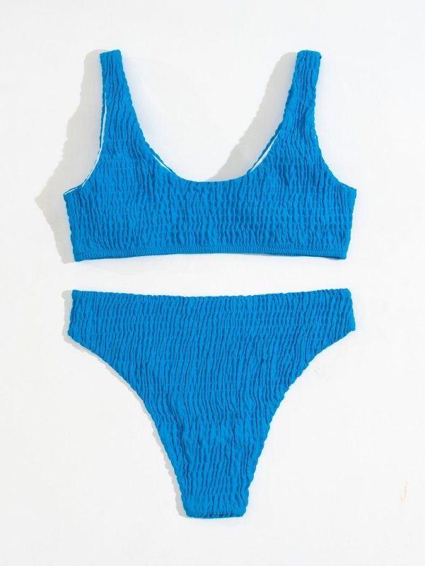 Solid Color Smocking Pleated Sexy Split Swimsuit Bikini