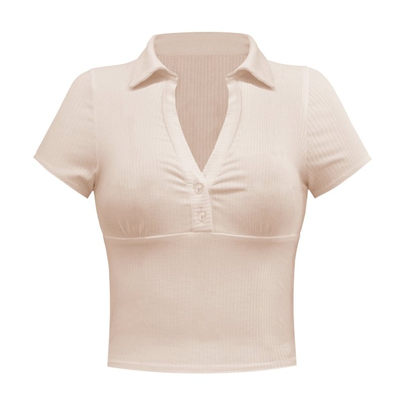 Solid Color Summer Women Retro Elegant Bodycon Short Polo Short Sleeve T-shirt Thread Top