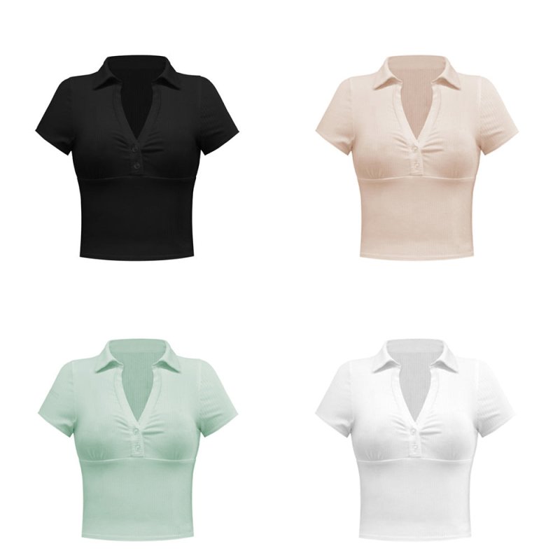 Solid Color Summer Women Retro Elegant Bodycon Short Polo Short Sleeve T-shirt Thread Top