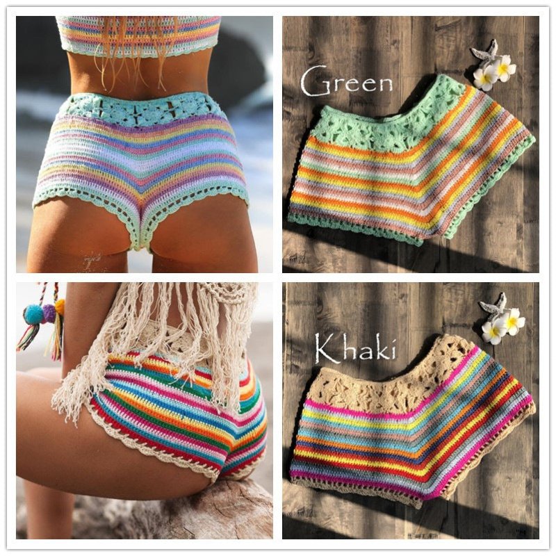 Split Swimsuit Women Clothing Color Striped Hand Crocheting Bikini Shorts Knitted Sexy Swimsuit