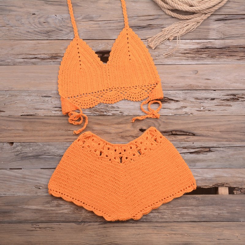 Sports Outdoor Beach Vacation Hand Crocheting Woven Lace Hollow Out Cutout Split Bikini Swimsuit