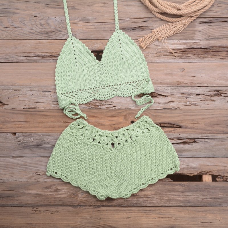 Sports Outdoor Beach Vacation Hand Crocheting Woven Lace Hollow Out Cutout Split Bikini Swimsuit