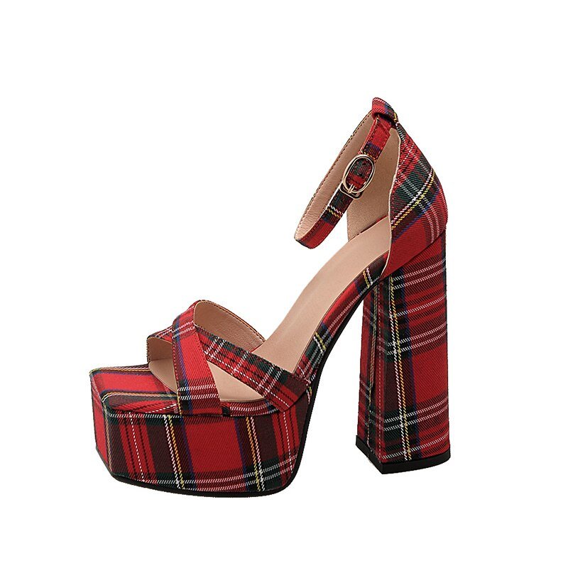 Spring And Summer New Square Toe Open-Toe Plaid Graffiti Waterproof Platform Hollow Thick Heel High-Heeled Sandals