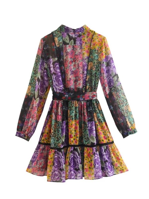 Spring Autumn Women Printed Mini Dresses With Belt Elegant Turn Down Collar Dress A-line Long Sleeve Vestidos
