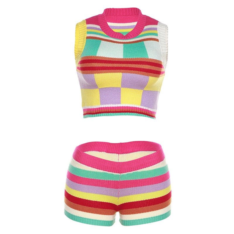 Spring New Women&#39;s Fashion Sleeveless Tank Top High Waist Slim Fit Hip Lift Short Knit Set