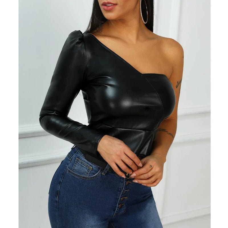 Spring/Summer One-Shoulder Faux Leather Top Women Clothing
