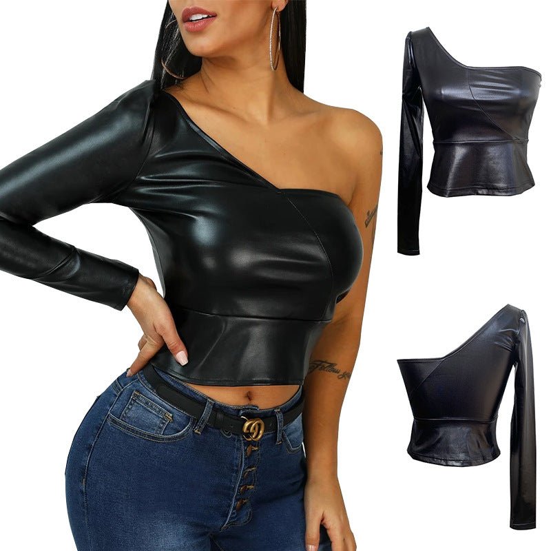 Spring/Summer One-Shoulder Faux Leather Top Women Clothing