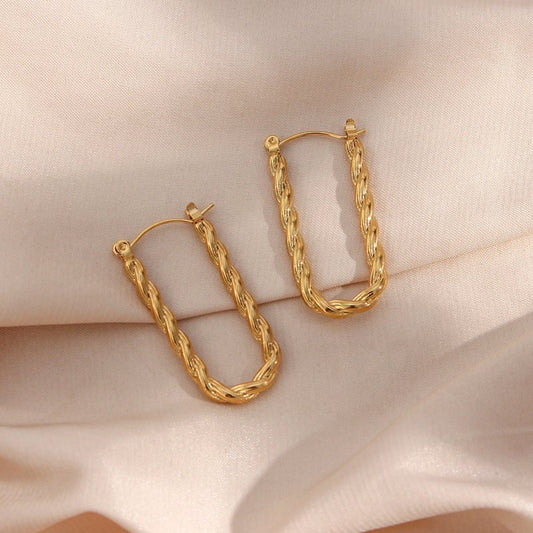 Stylish Simple Personality Popular Ear Hoop Jewelry Stainless Steel Plated 18K Exaggerated Long U Shaped Twist Earrings