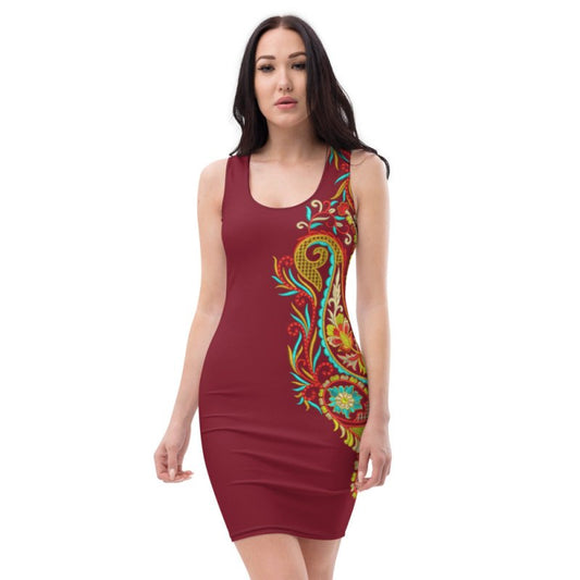 Sublimation Cut & Sew Dress - Indian style graphic ornament half Burgundy