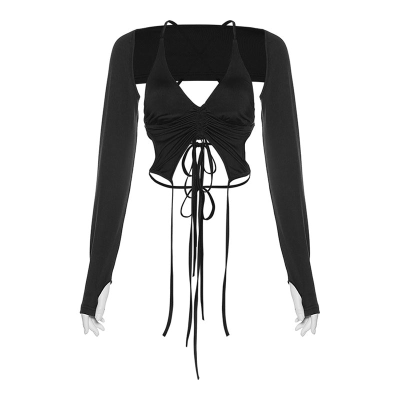 Summer Fashion Trends Women Long-Sleeved Halter Backless Tied Slim Fit Solid Color T-shirt