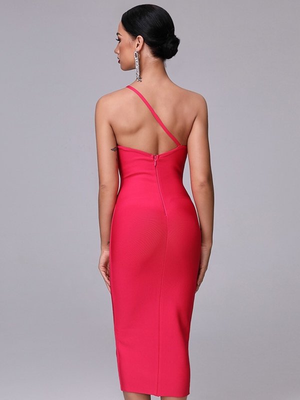 Summer New Rose Red Sexy Chic One-Shoulder Halter Dress Party Celebrity Women's Bandage Christmas Dress