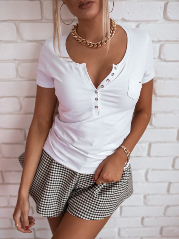 Summer Slim Fit Short Sleeve V-neck Buttons T-shirt Short Sleeve Women