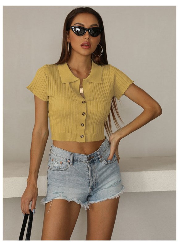 Summer Solid Color Polo Collar Short-Sleeved T-shirt Women Slim Knit Bottoming Shirt