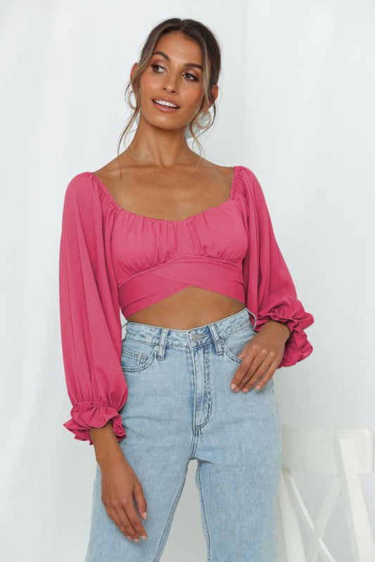 Summer Solid Color Sexy Ultra-Short Square Collar Long Sleeve Top Two-Way off-Neck T-shirt