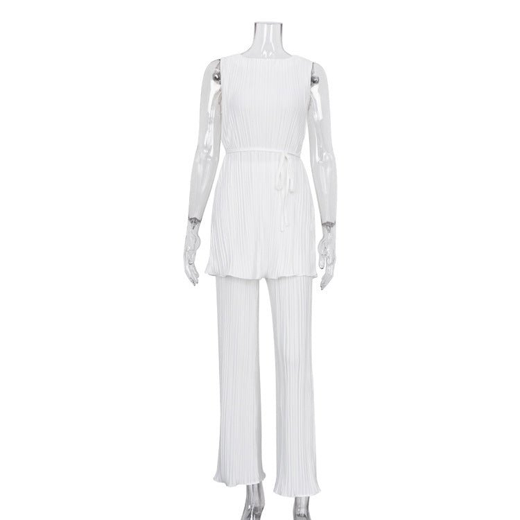 Summer Spring Casual White Pleated Pants round Neck Tied Sleeveless T-shirt Women Two-Piece Set