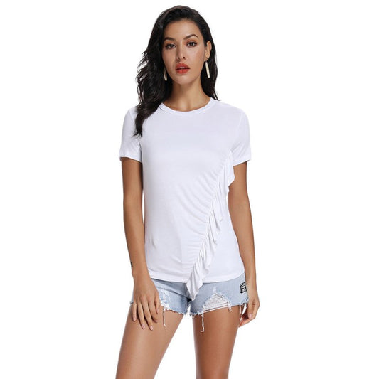 Summer Women Clothing round White Folding Women Casual T-shirt Top Women