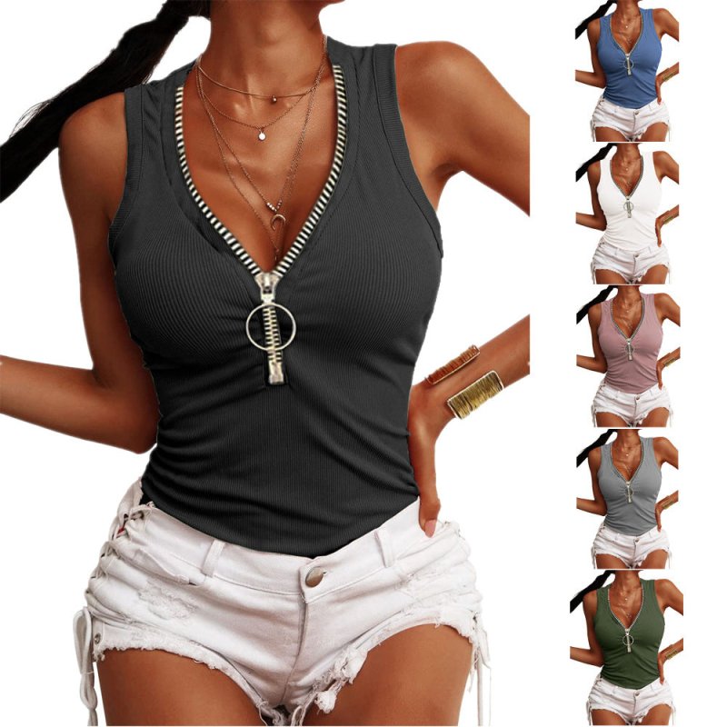 Summer Women Clothing Thread Zipper Slim Fit Vest Top T-shirt