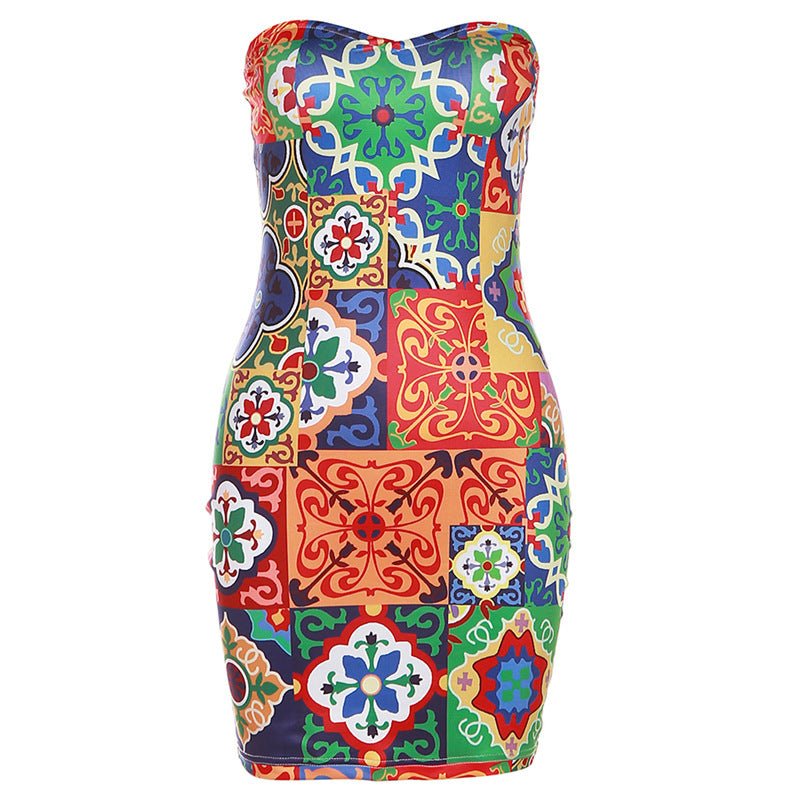 Summer Women Clothing Wrapped Chest off Neck Slim Printed Sheath Dress for Women