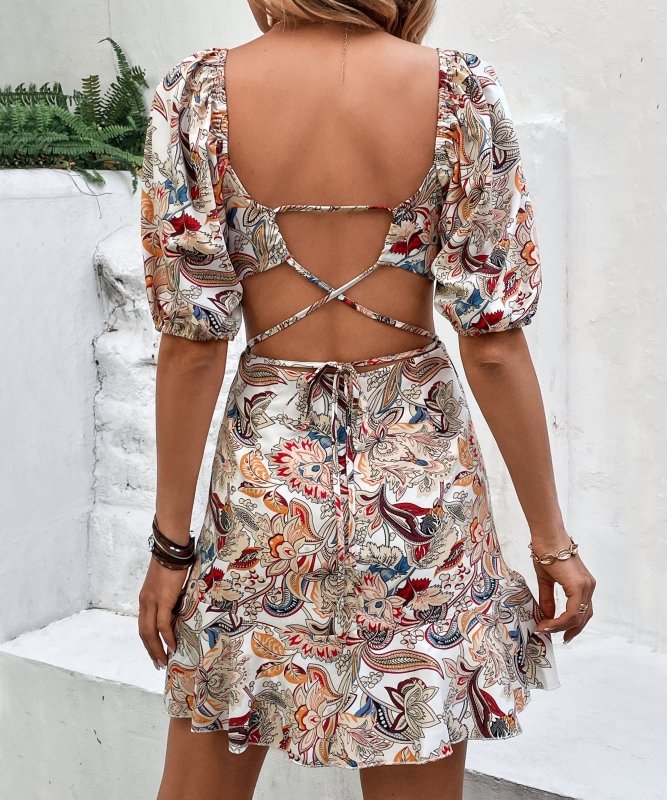 Summer Women Lace up Sexy Cutout Backless Print Dress