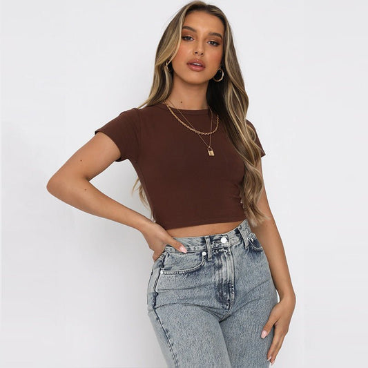 Summer Women Solid Color Short Cropped Top Cotton Stretch Slim round Neck T-shirt for Women
