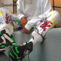 Sweetown Graffiti Baggy Cargo Pants Women Jogger Sweatpants Casual Pockets Elastic High Waist Trousers Female