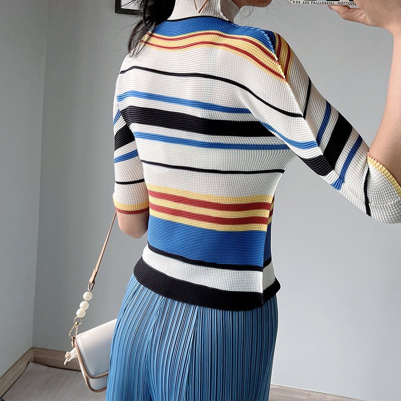 Temperament Top Women's Slim Fit And Thin Autumn New High-Neck Striped Commuter Bottoming Shirt T-Shirt