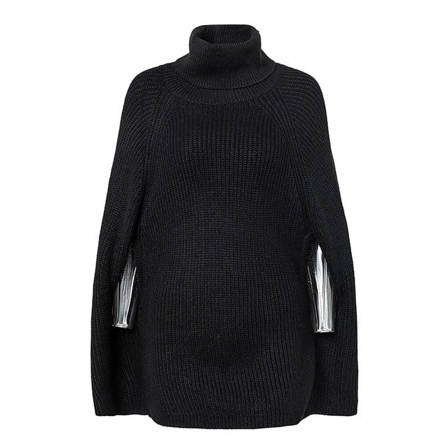 Turtleneck oversize knitted sweaters pullover Casual loose autumn sweaters Women black winter jumper female poncho