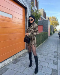 Tweed Summer Women Two - piece Set Vintage Plaid long Sleeve short Blazer Coat Female Slim High Waist Skirt Suits - Premium Outfit Sets for sale