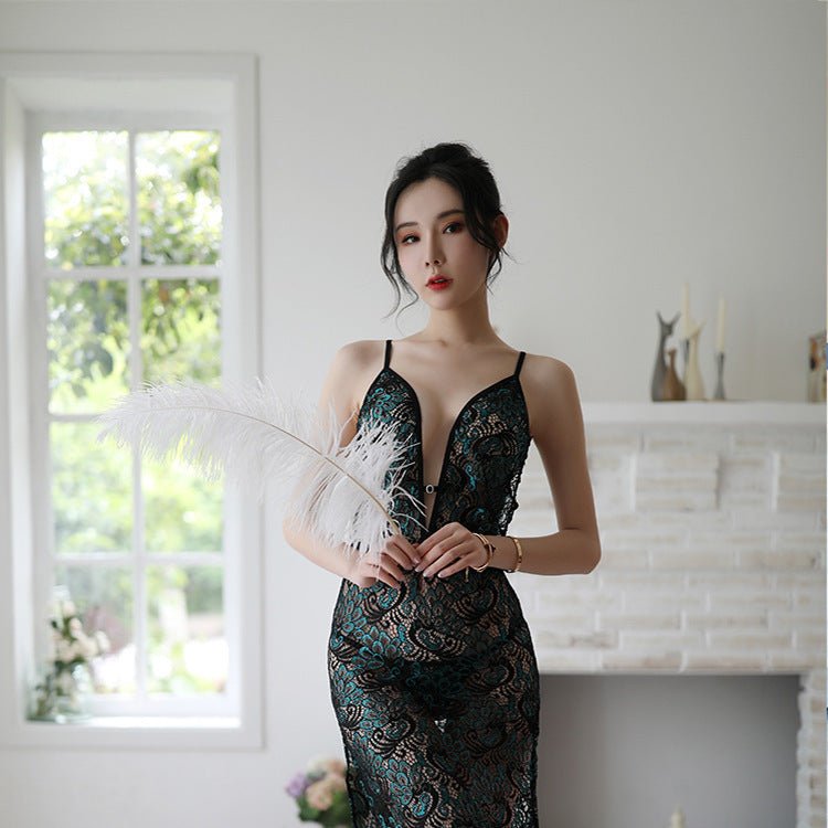 Underwear Deep V Lace Split Elegant Classic Peacock Dress