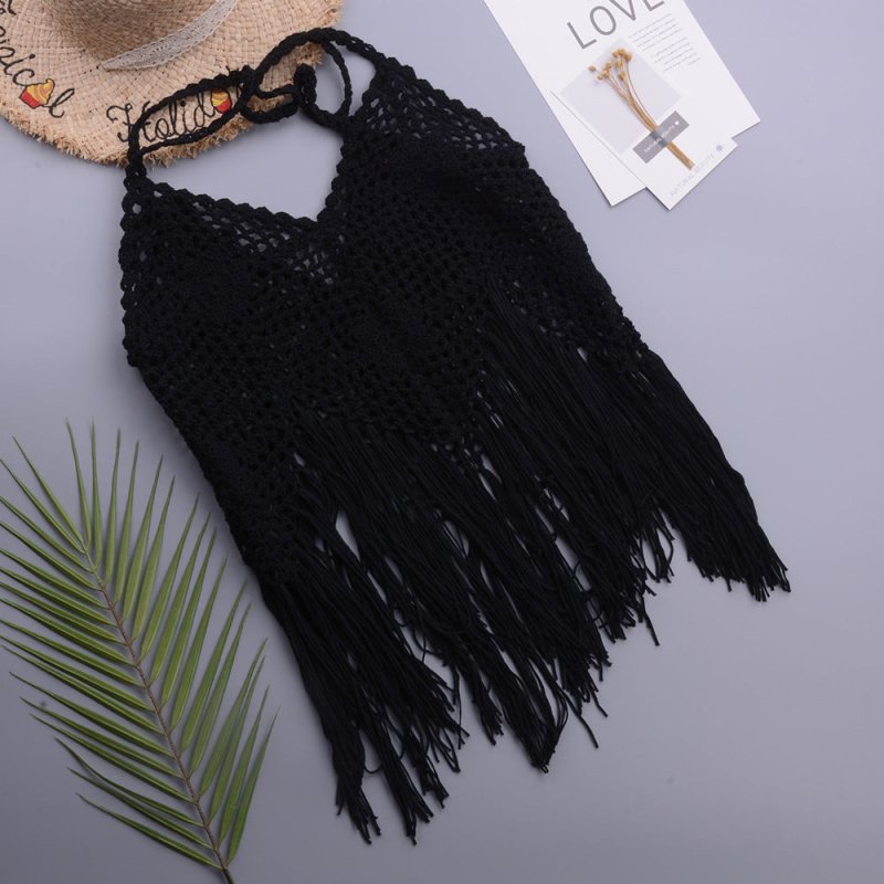 Vacation Beach Tassel Pure Hand Crocheting Woven Split Swimsuit V-neck Lace up Top Women Crochet