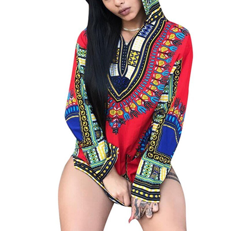 Vintage Women Ethnic African Style Hooded Long Sleeve African Dashiki Hoodie Top Casual Traditional Pullover
