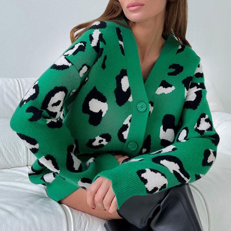 Winter Beige Leopard Print Cardigan Women with Buttons Oversize Jacket Loose Green Thick Warm Knitted Cardigan for Women