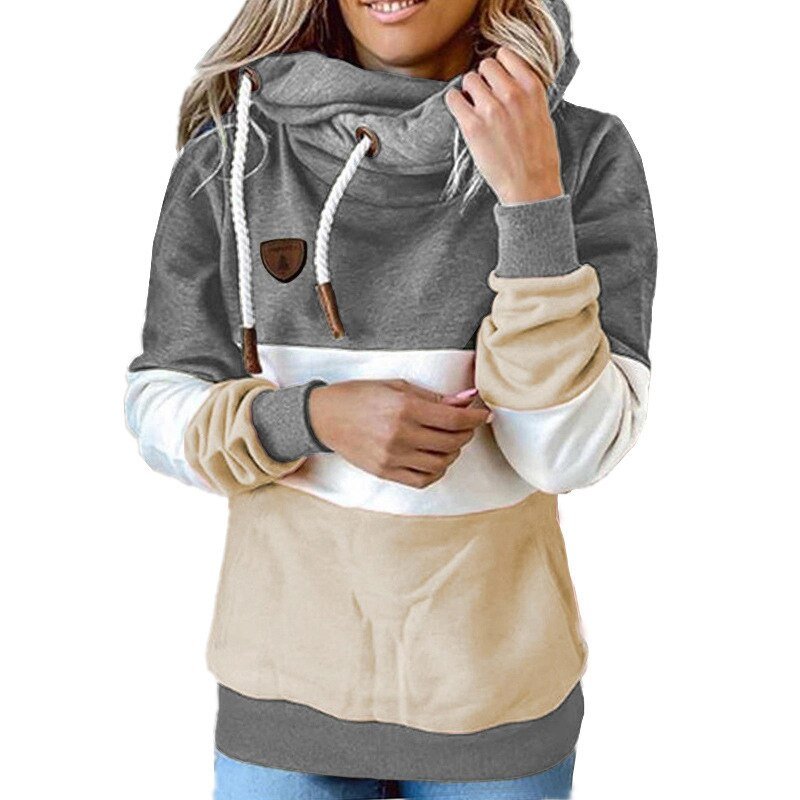 Winter women Contrast Stitching hooded Turtleneck Casual Solid Contrast Long Sleeve Hoodie Sweatshirt Tops