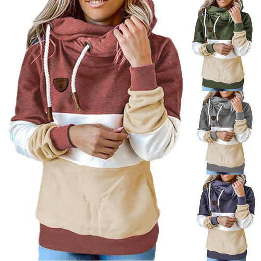 Winter women Contrast Stitching hooded Turtleneck Casual Solid Contrast Long Sleeve Hoodie Sweatshirt Tops