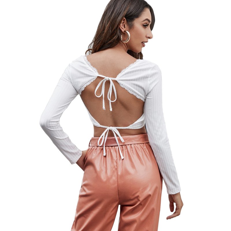 Women Backless Lace-up Long Sleeve T-shirt Cropped Knitted Sweater Lace Peach Collar Sexy Solid Color Vest