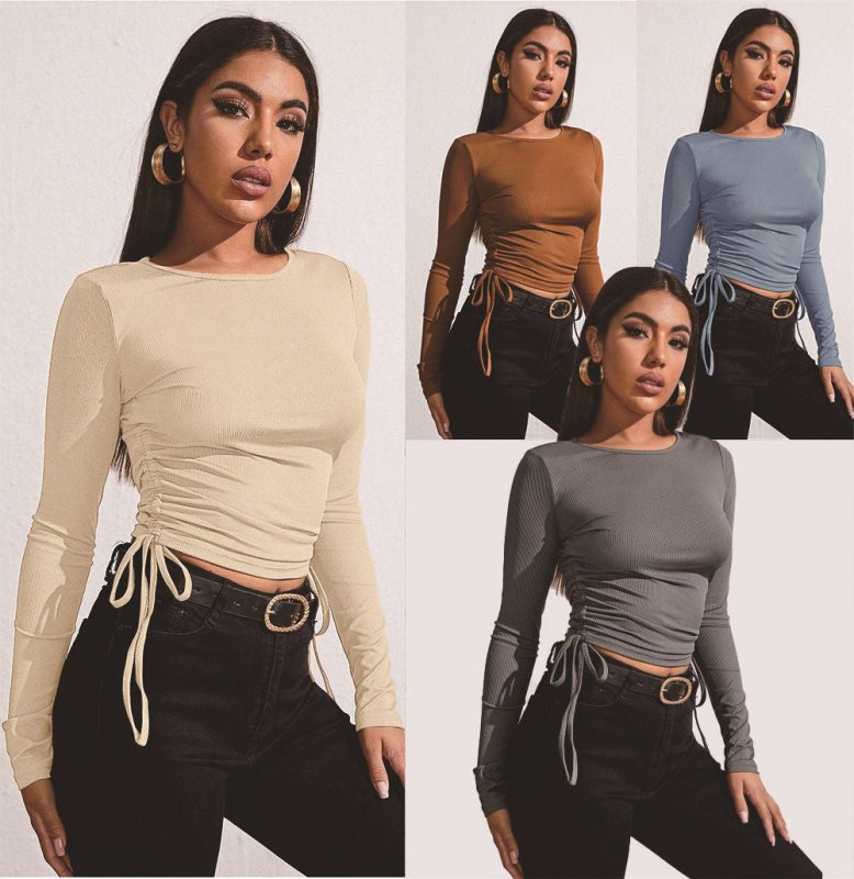 Women Clothing Autumn Pullover Long Sleeve T-shirt Drawstring Slim Short Solid Color Casual Top