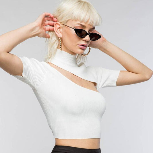 Women Clothing Cropped Short Sleeve Top Hollow-out Oblique Placket Short-Sleeved T-shirt Women Summer Design Bottoming Shirt