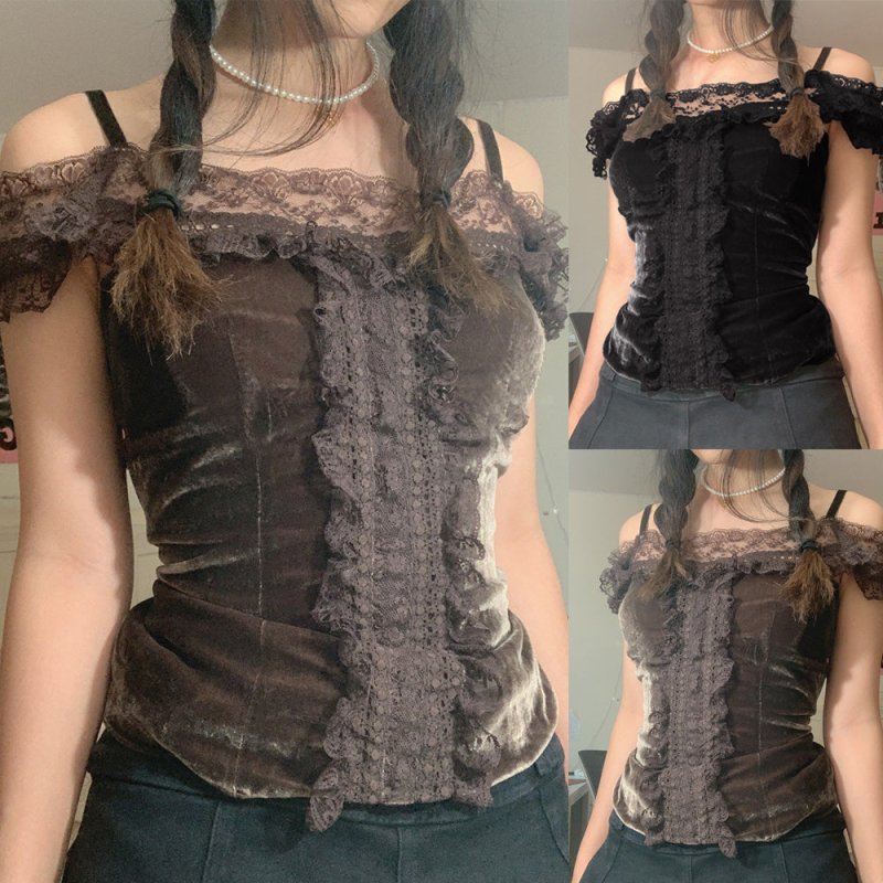 Women Clothing Mesh Lace Lace-Collared Blouse off-Neck Sexy Sling Cinched Waist Pullover T-shirt