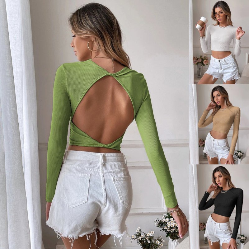 Women Clothing Sexy Backless Casual Short Slim Knitted Long-Sleeved T-shirt Top Outer Wear Underwear