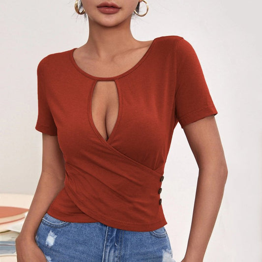 Women Clothing Sexy Hollow Out Cutout Button Slim Fit Casual Short Short Sleeve T-shirt Top
